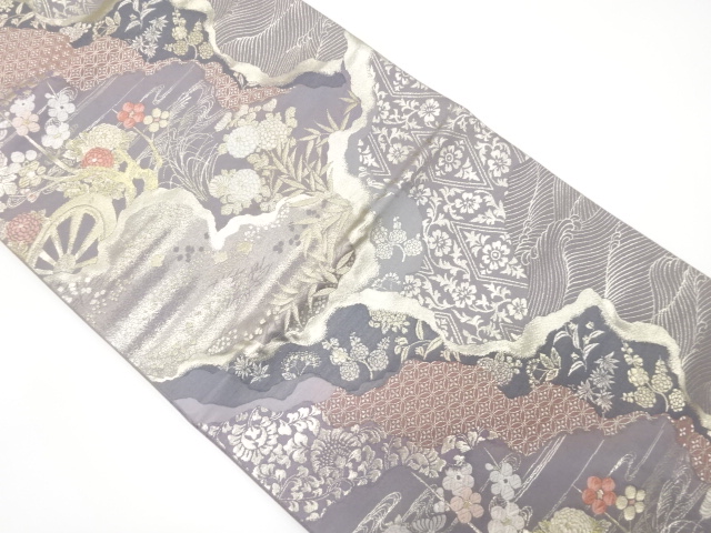 道長取りに源氏車・草花模様織り出し　袋帯